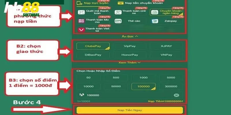 Hướng dẫn các bước nạp tiền HB88 dễ hiểu cho bet thủ
